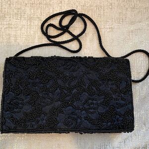 👜NORDSTROM beaded purse/bag in black. Crossbody w/fabric strap & snap closure.